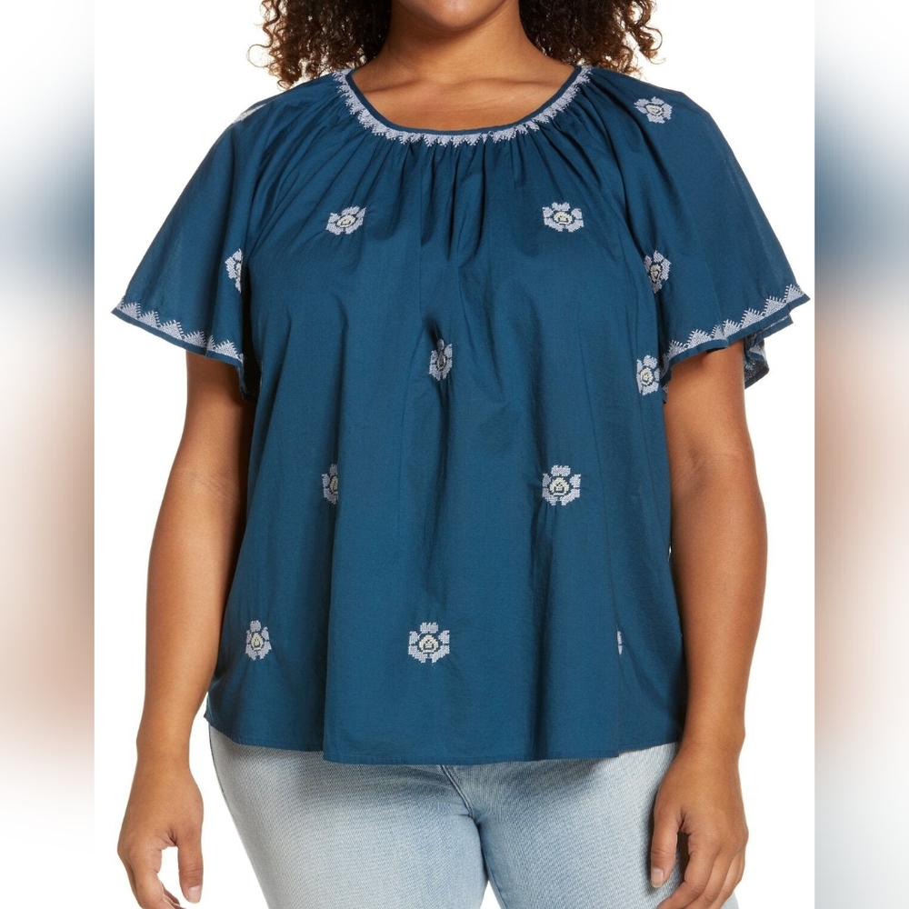 Madewell Blue Embroidered Flutter-Sleeve Top Blouse - Size Small S
